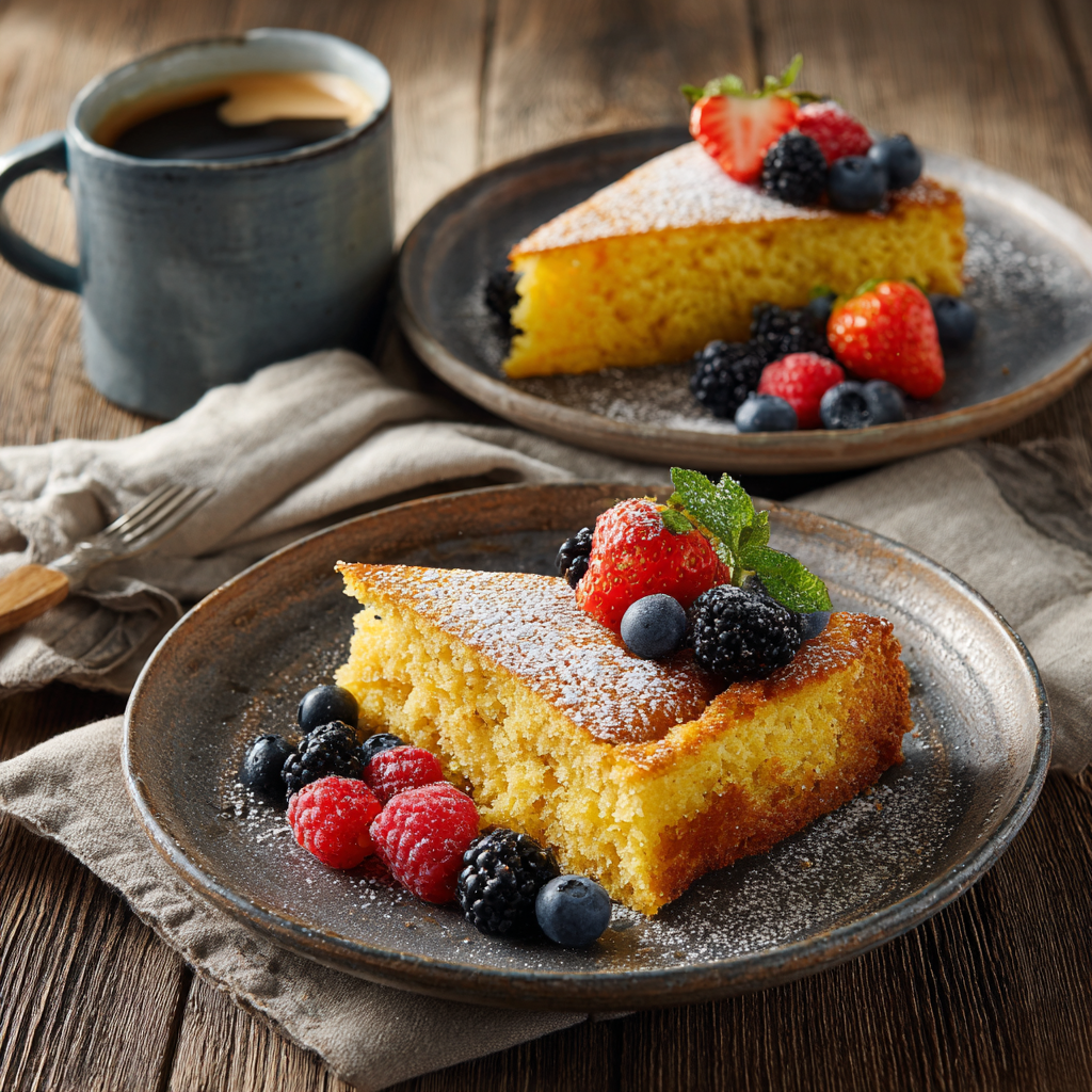 single slice of lemon almond polenta cake on a white plate, showing moist dense crumb with fine polenta