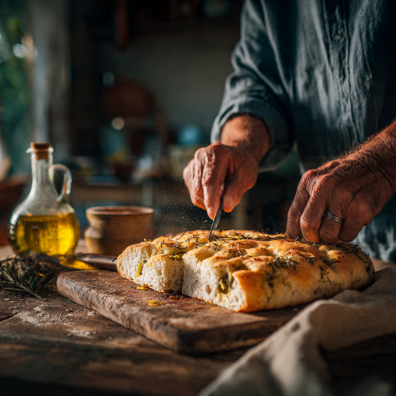 A person slicing a golden stuffed focaccia loaf on a rustic table, steam rising slightly, olive oil bottle nearby, Italian family meal atmosphere.