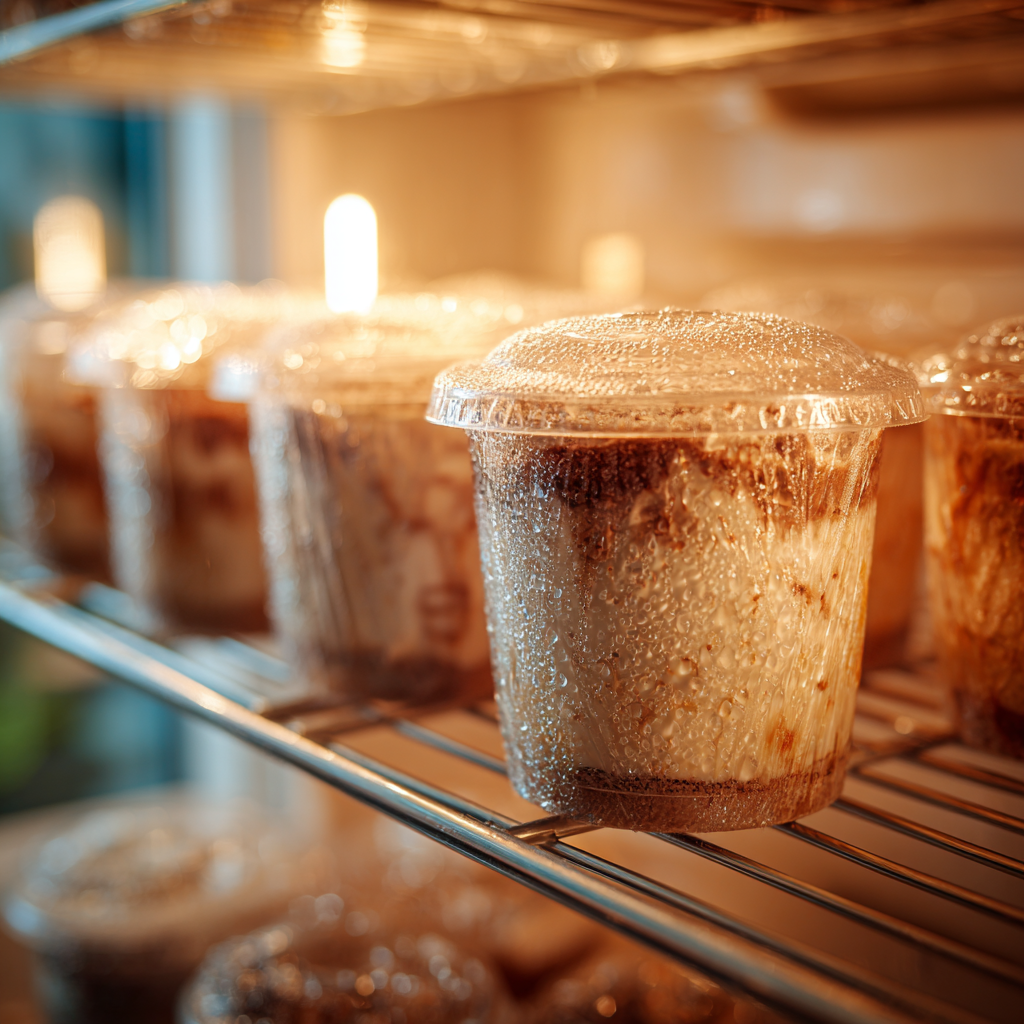 Refrigerator shelf with several tiramisu cups covered in plastic wrap, condensation on the glass, layers visible even through the wrap.