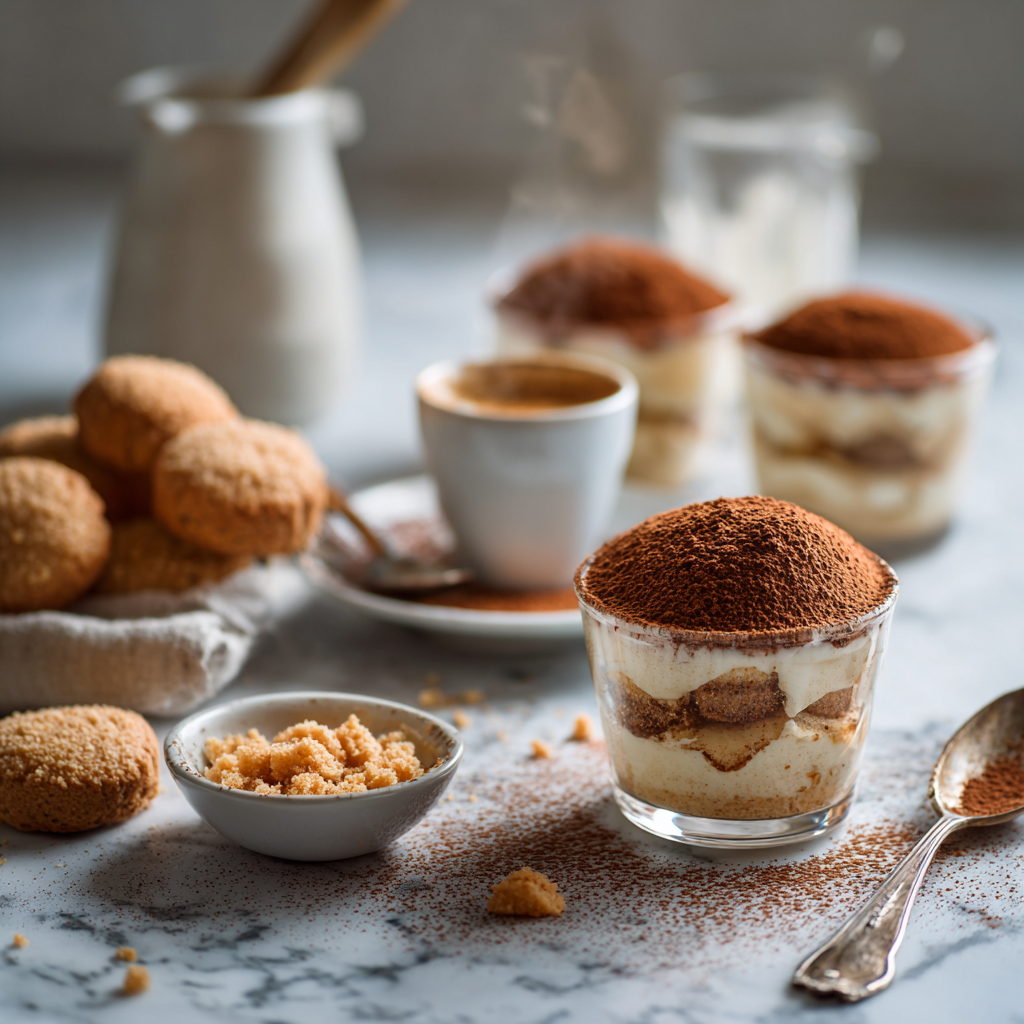 Individual amaretti tiramisu cups on a marble surface with a small bowl of crushed amaretti cookies, espresso cup nearby, and a dusting of cocoa in the air.