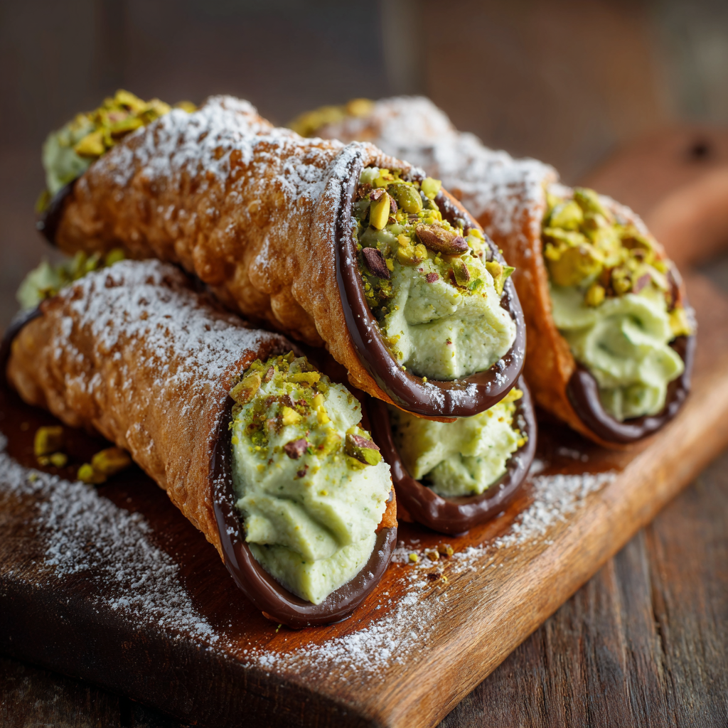 Sicilian pistachio cannoli made with crisp golden shells, dipped in melted chocolate and chopped pistachios