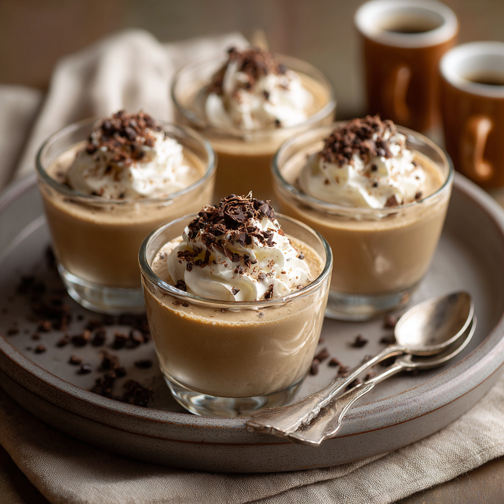 Four espresso panna cottas in small glass cups arranged on a tray, each topped with whipped cream and chocolate shavings