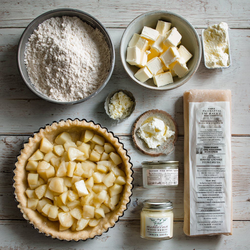 ingredients for Italian pear ricotta tart: spelt or all-purpose flour, cubed butter, fresh ricotta in a bowl, peeled cubed pears in a pan with butter, lemon zest, vanilla.