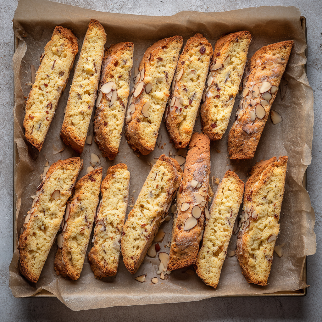 freshly baked almond biscotti on a parchment-lined baking sheet.