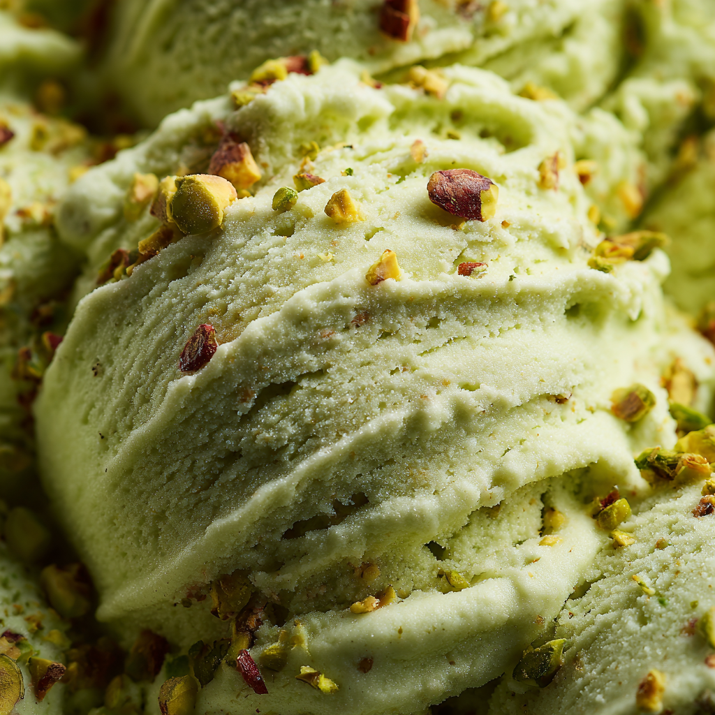 A hand scooping homemade pistachio gelato from a metal container.