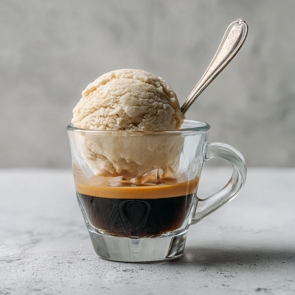 single scoop of gelato in a clear glass, espresso freshly poured over it, no toppings