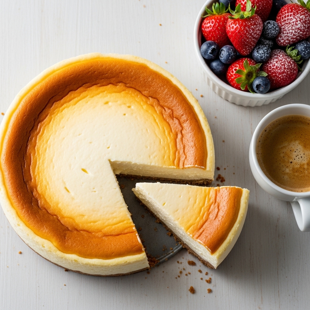 whole Italian ricotta-mascarpone cheesecake with one slice removed