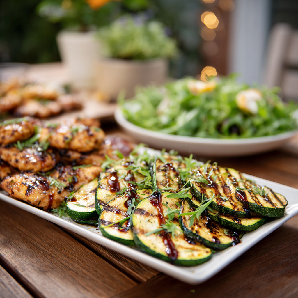 platter of grilled zucchini slices topped with balsamic reduction and herbs, next to grilled chicken and arugula salad.