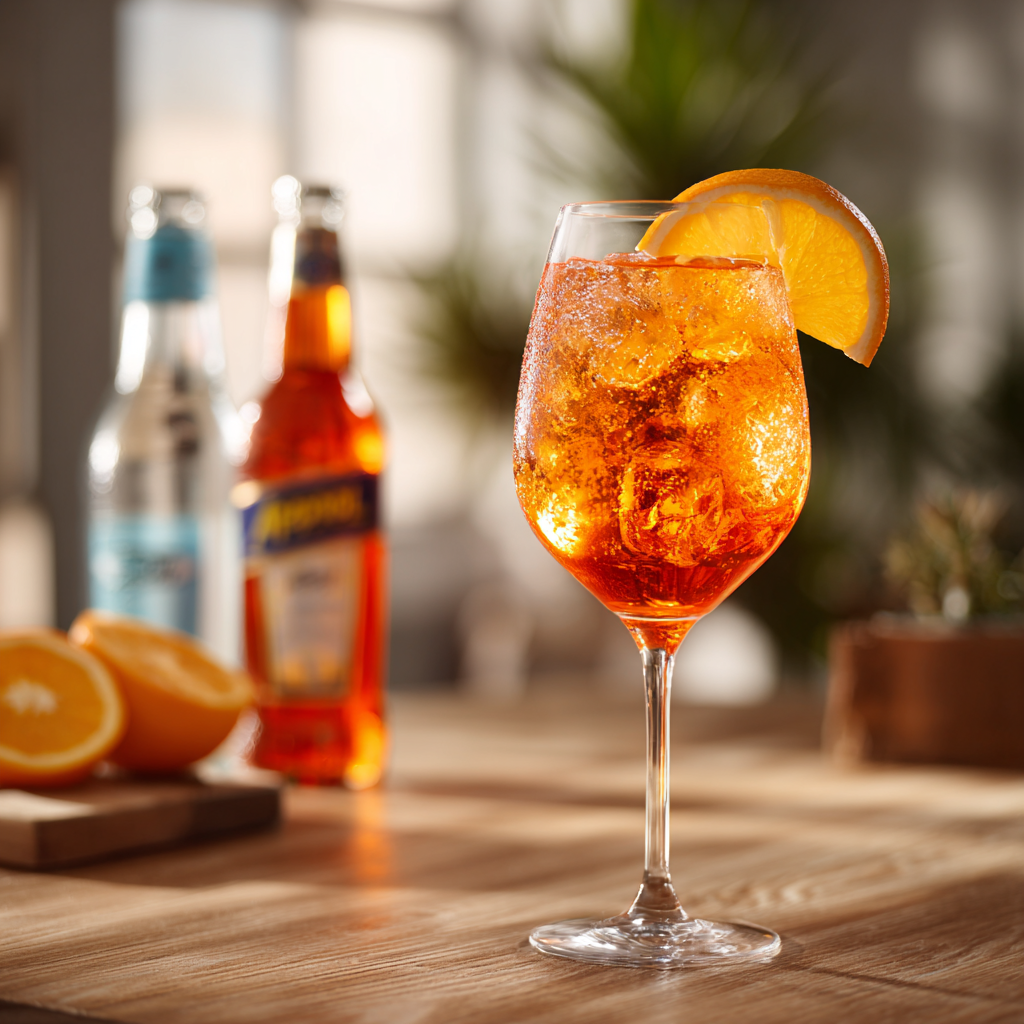 A finished bright orange Aperol Spritz in a wide wine glass with ice. Fresh orange slice on the rim.