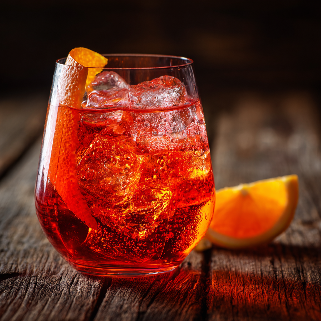 Top-down view of a rocks glass with a finished Negroni Sbagliato, surrounded by the key ingredients: Prosecco bottle, Campari, sweet vermouth, and a fresh orange.