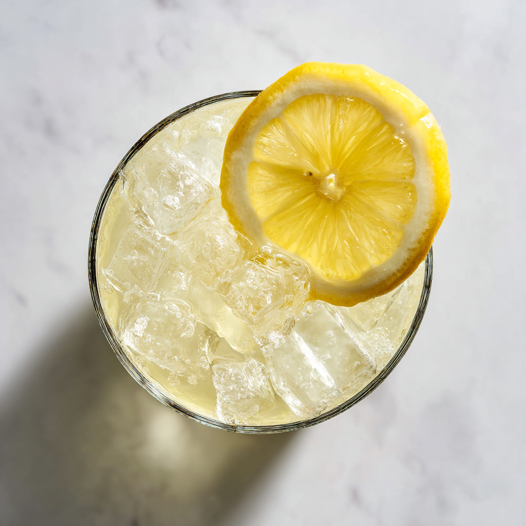 ingle Limoncello Spritz on a clean white marble surface. Ice cubes visible, light bubbly texture, lemon slice garnish placed neatly. Crisp, bright, airy look.