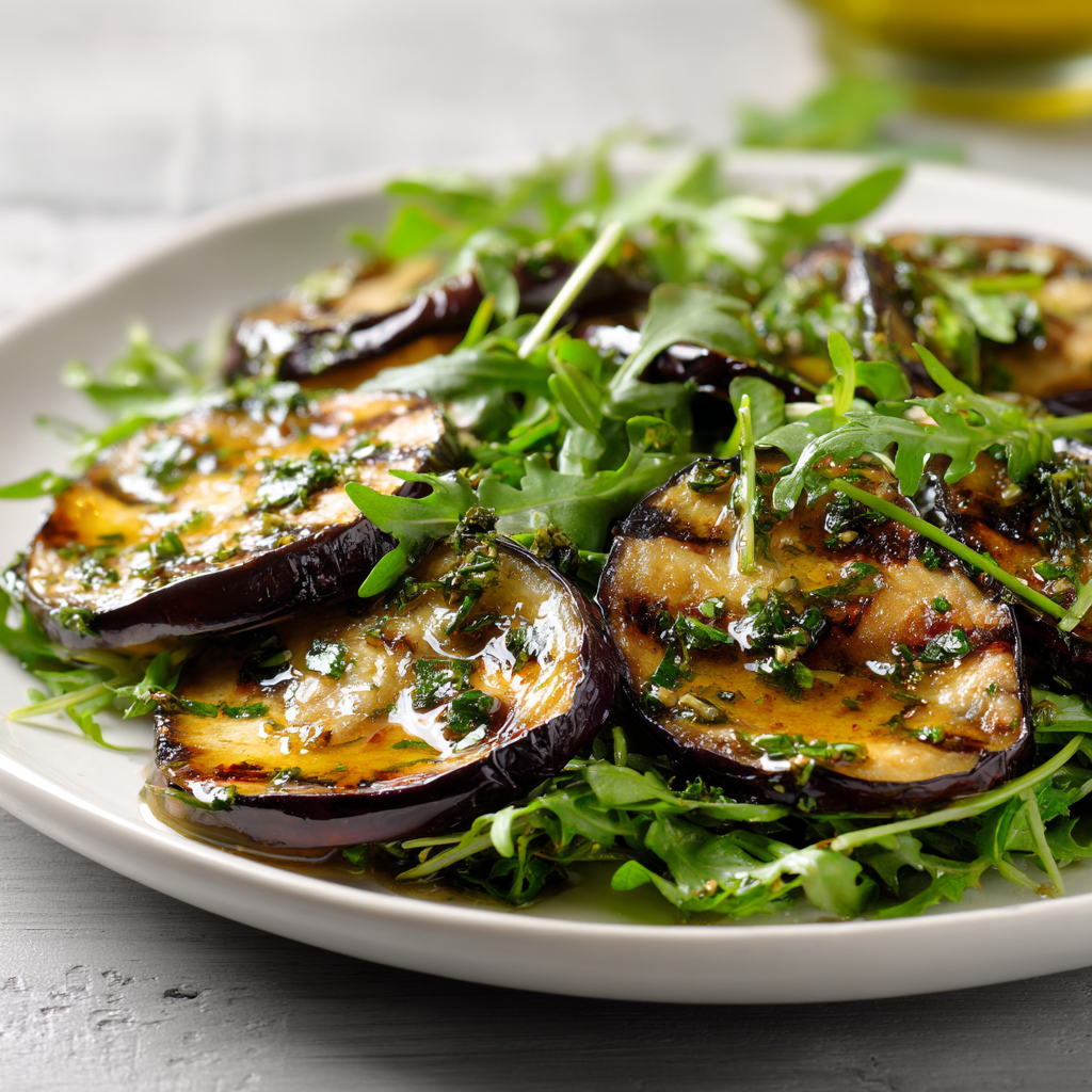 Grilled eggplant slices placed over a bed of fresh arugula, lightly marinated and glossy with olive oil and herbs.