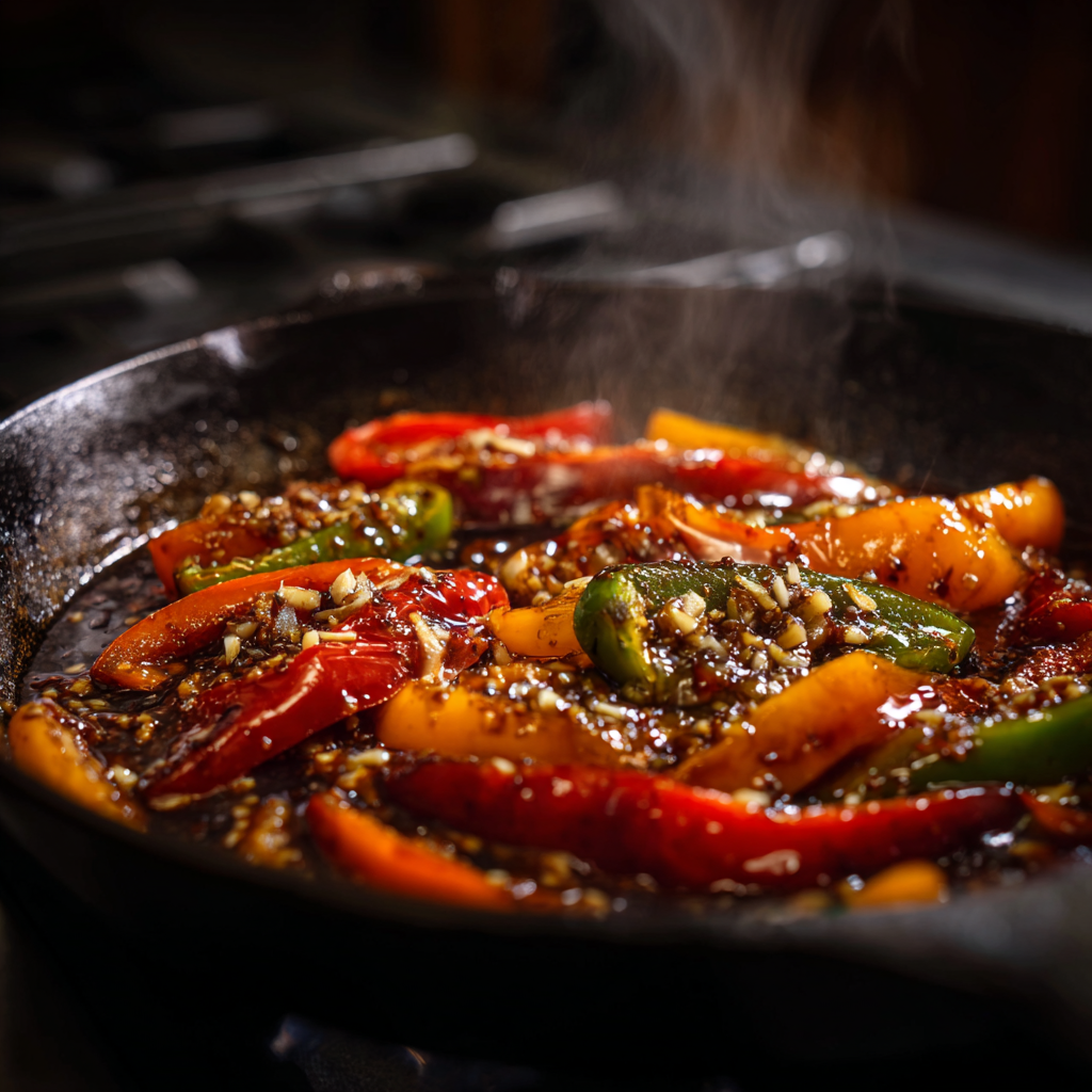 A skillet on the stove filled with sliced peppers coated in a thick balsamic glaze. The glaze looks dark, shiny, and reduced.