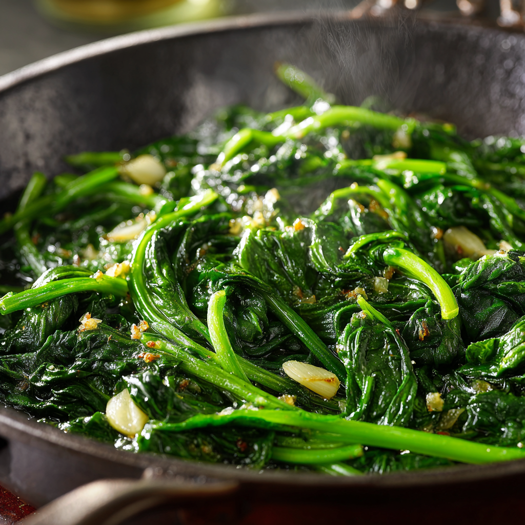 Overhead view of a Tuscan-style dinner setup featuring a serving bowl of sautéed spinach with golden garlic pieces