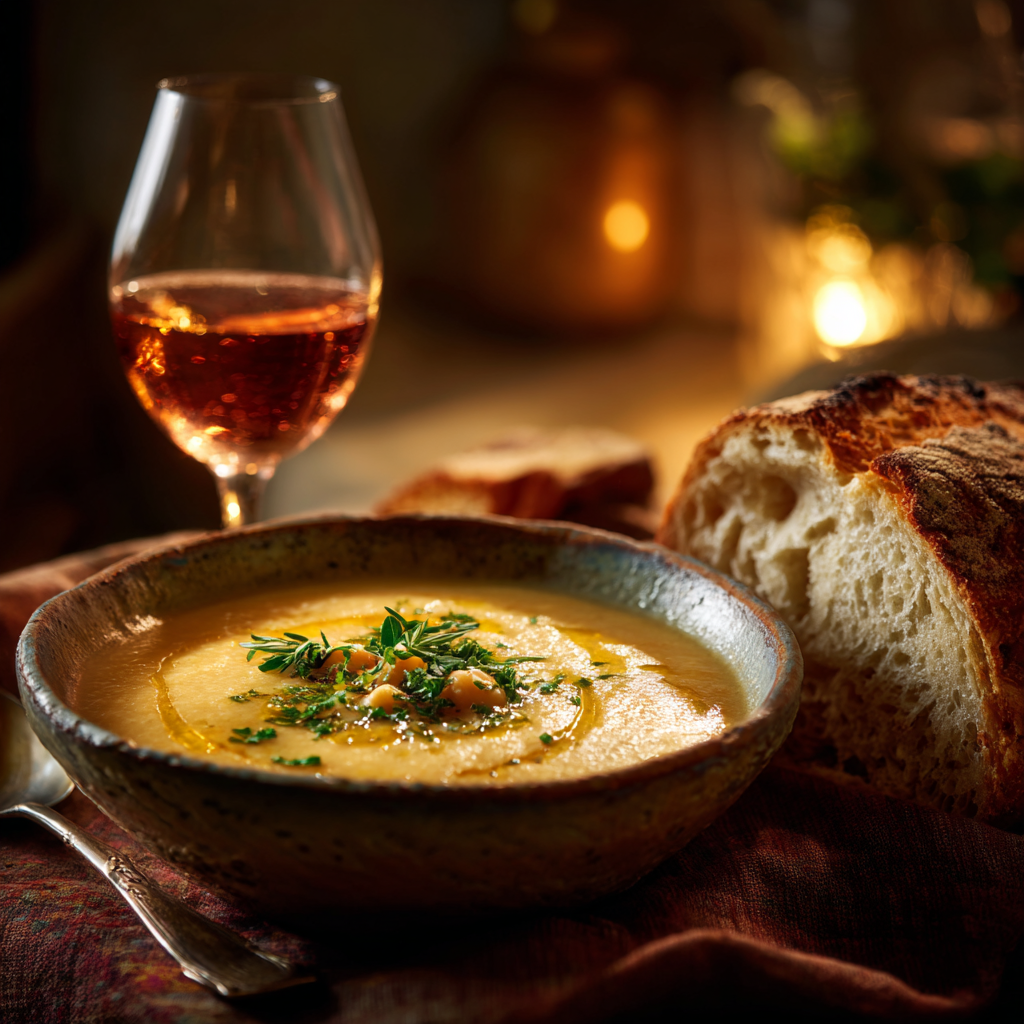 bowl of rosemary chickpea soup, drizzled with extra virgin olive oil, chopped parsley on top, torn crusty bread dipped into the soup