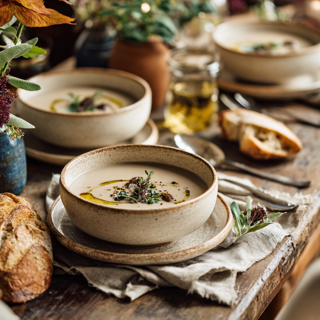 bowls of creamy Italian chestnut soup, fresh herbs, olive oil drizzle, crusty bread on the side