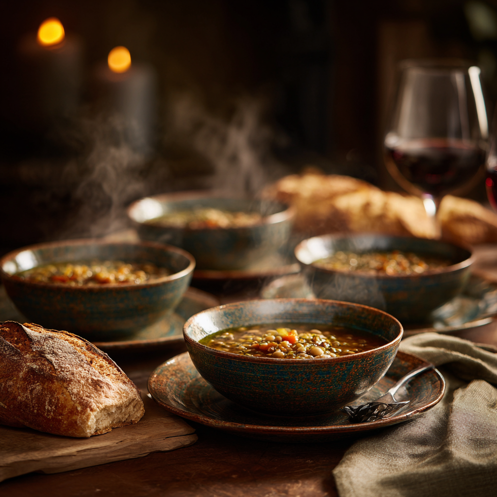 four bowls of Zuppa di Farro Lucchese, steam visible, each bowl drizzled with olive oil