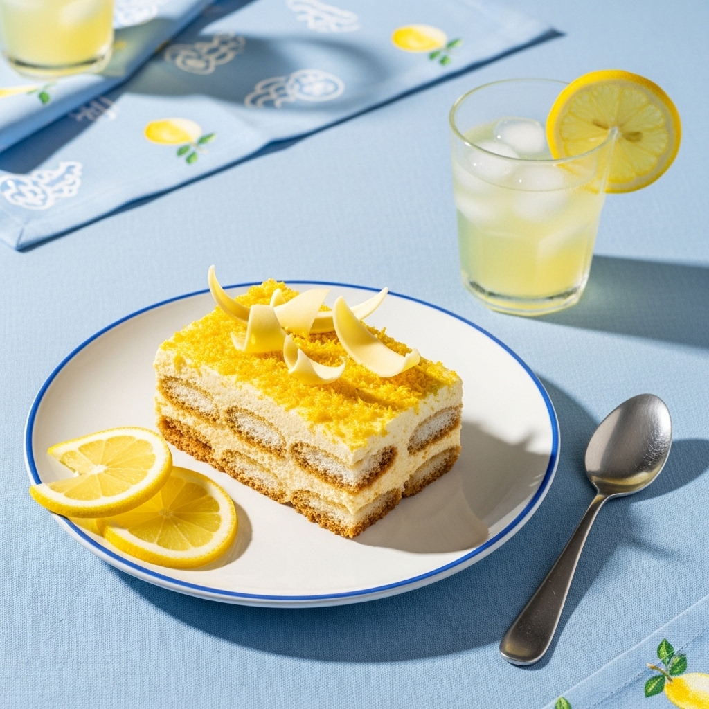 lemon tiramisu slice served with a small cup of chilled limoncello and lemon slices