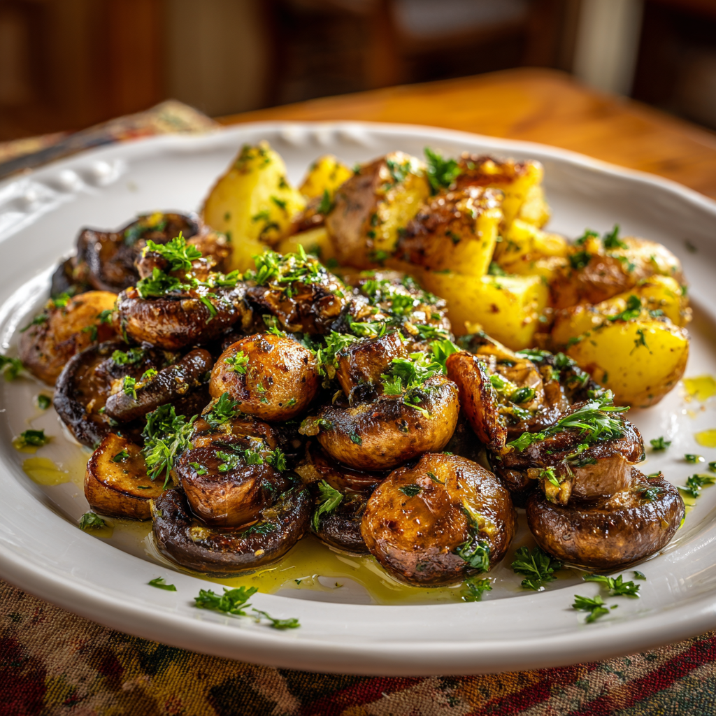 mushrooms plated as a side dish with steak and roasted potatoes, garnished with parsley and drizzle of olive oil