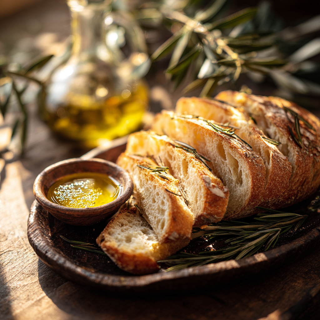 Sliced rosemary bread served warm with a small dish of extra virgin olive oil, rustic Tuscan