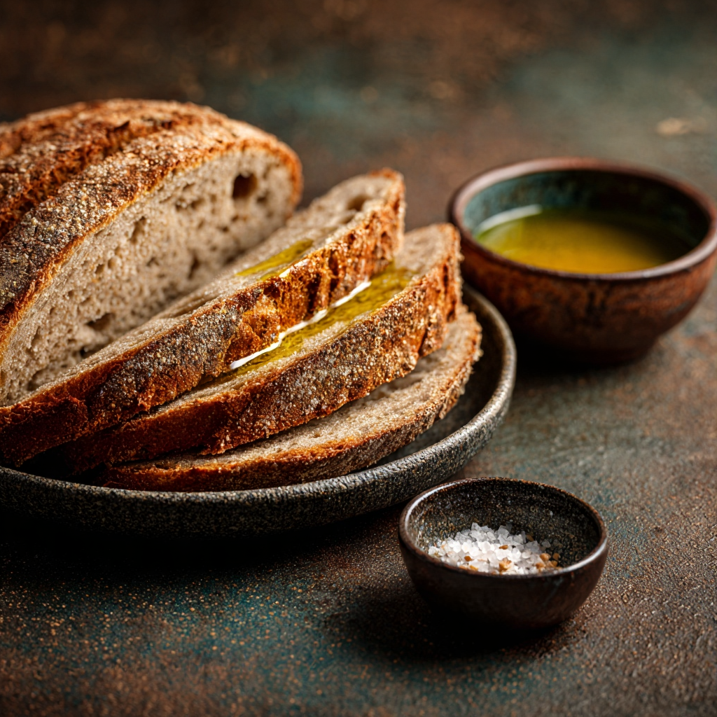 Thick slice of pane integrale Italian whole wheat bread drizzled with extra-virgin olive oil, simple rustic setup, warm tones, visible nutty crumb structure.