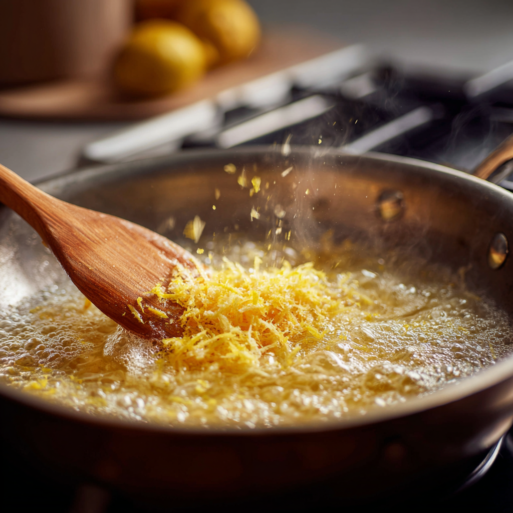 Butter melting in a pan with fresh lemon zest and juice while being stirred with a wooden spoon.