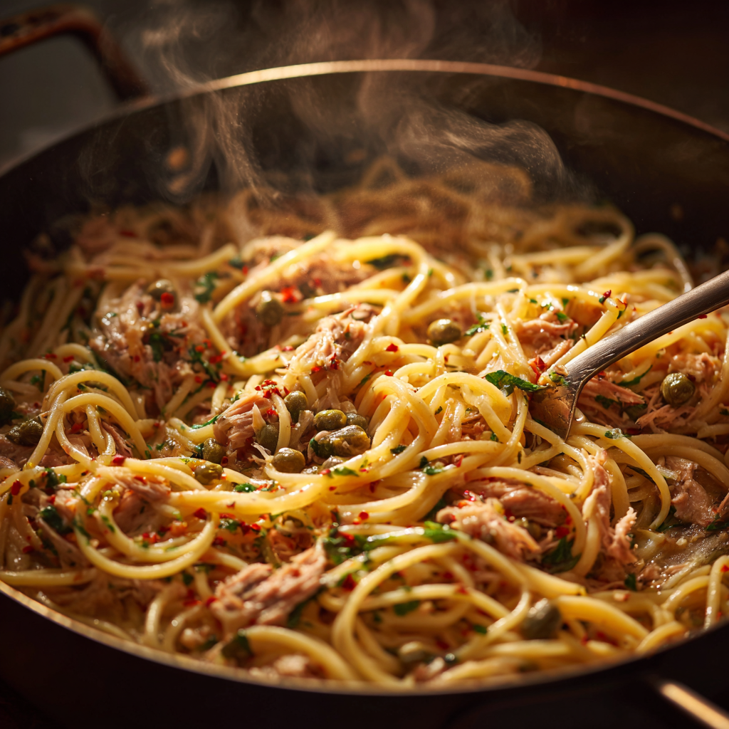 Saucepan filled with the finished tuna and caper pasta, pasta strands coated in glossy olive oil sauce