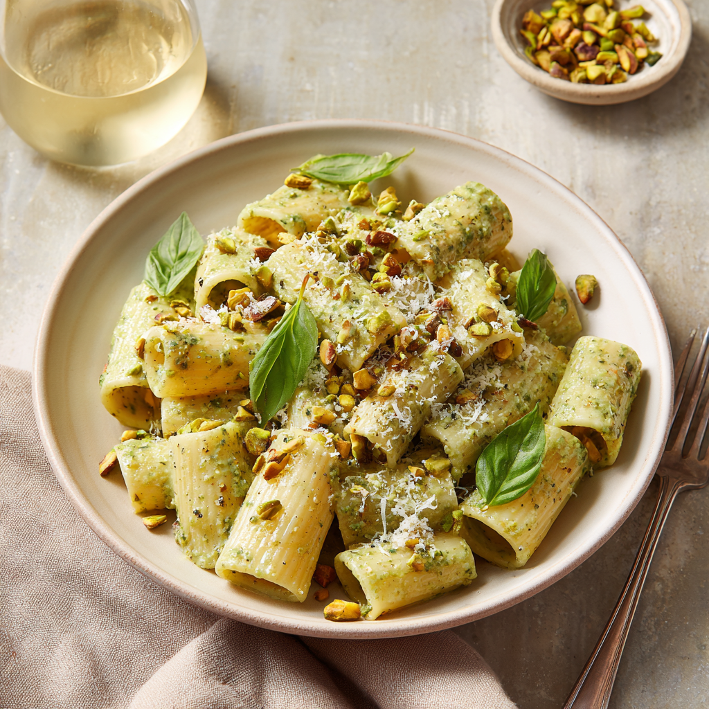 Sicilian pistachio pasta. Rigatoni in pale green pistachio cream sauce, topped with chopped pistachios, basil leaves, and a sprinkling of Parmesan