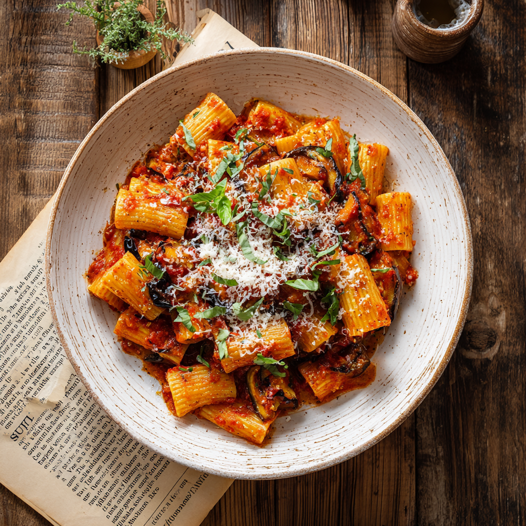 Pasta alla Norma made with roasted golden eggplant half-moons, rigatoni coated in a thick red San Marzano tomato and basil sauce