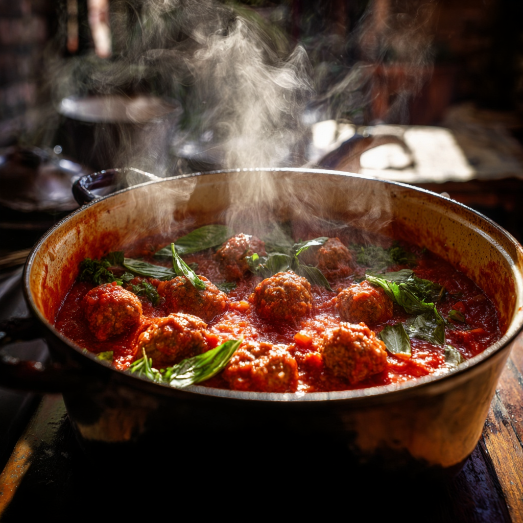 polpette al sugo simmering in rich tomato passata, with garlic, basil leaves, and browned meatballs floating in the sauce.