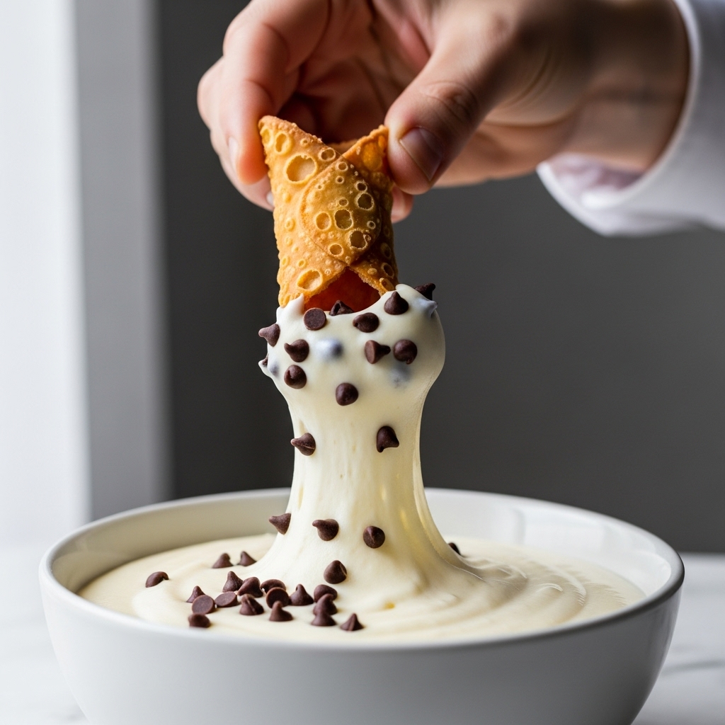 A hand dipping a broken cannoli shell into a bowl of smooth cannoli dip