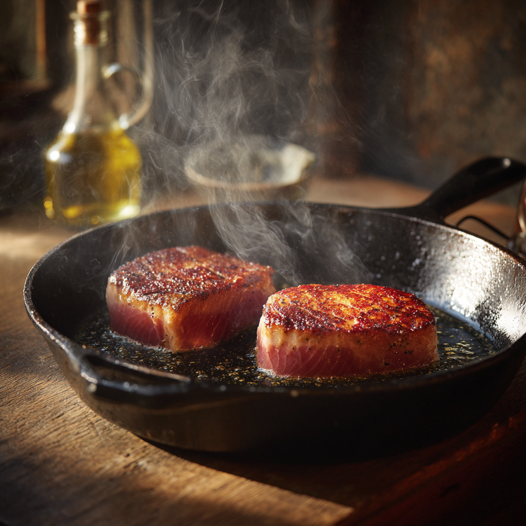 A cast-iron skillet on high heat with two fresh tuna steaks searing, showing a caramelized crust forming while the sides remain pink.