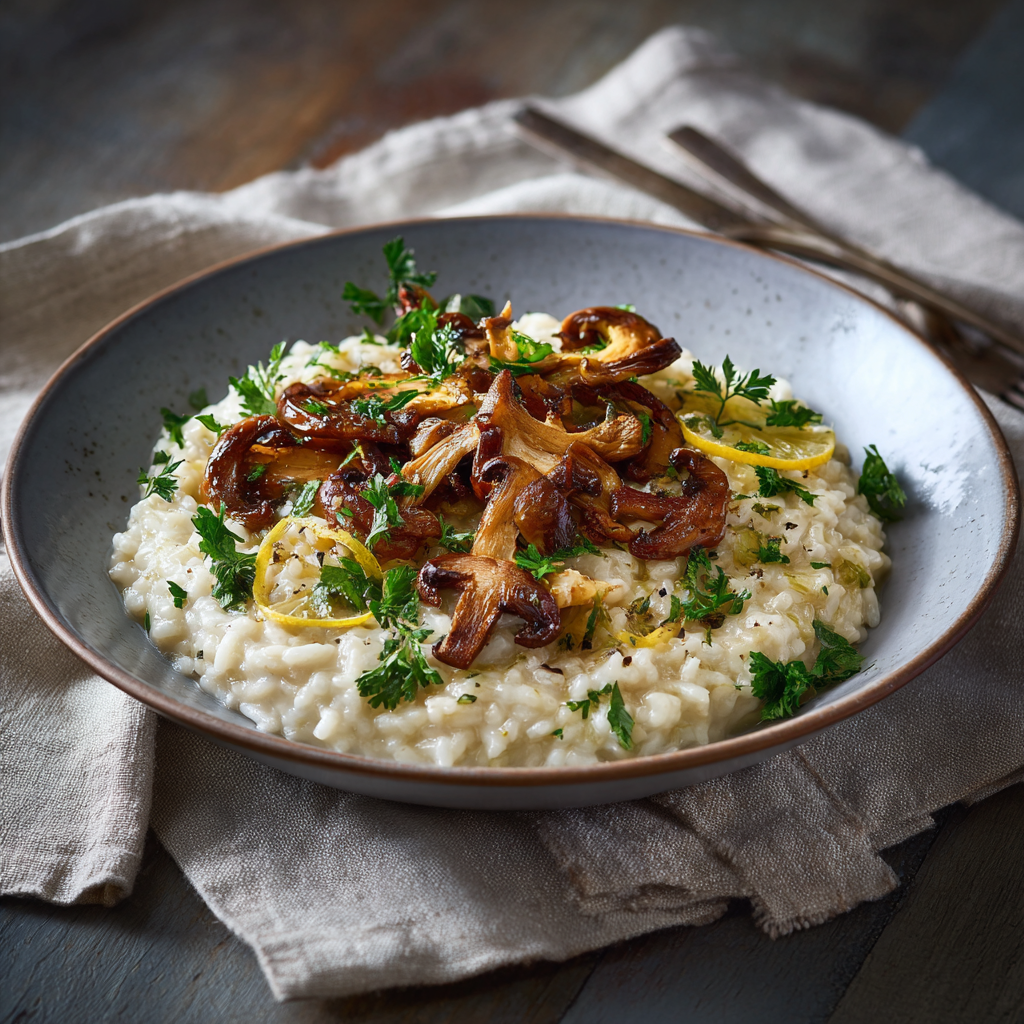 creamy plant-based mushroom risotto with browned wild mushrooms arranged on top, fresh parsley, and a drizzle of lemon.