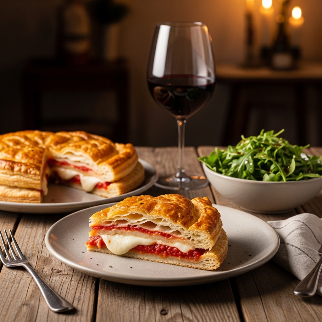 A table setting with slices of Parigina pizza next to an arugula salad and a glass of red wine.