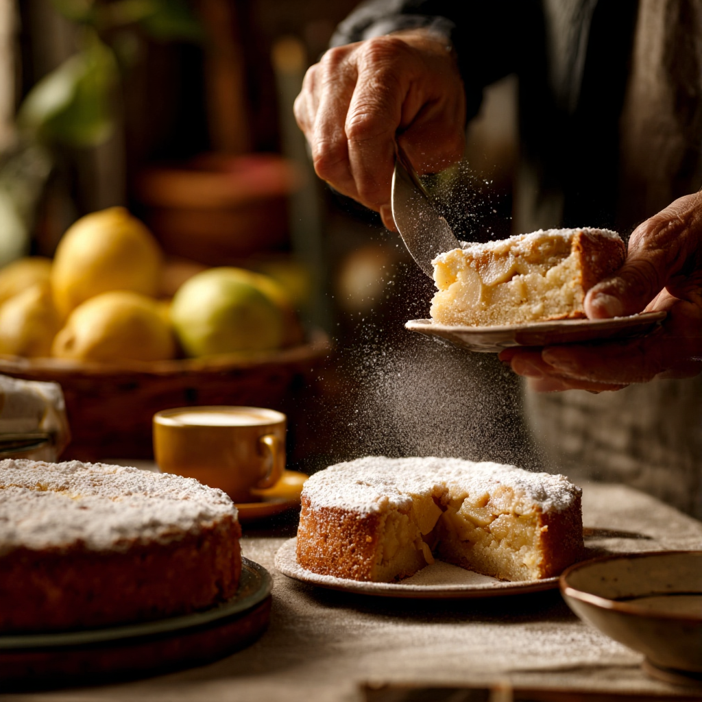 torta di mele with a cake server onto small plates, light dusting of powdered sugar falling mid-air, steam visible
