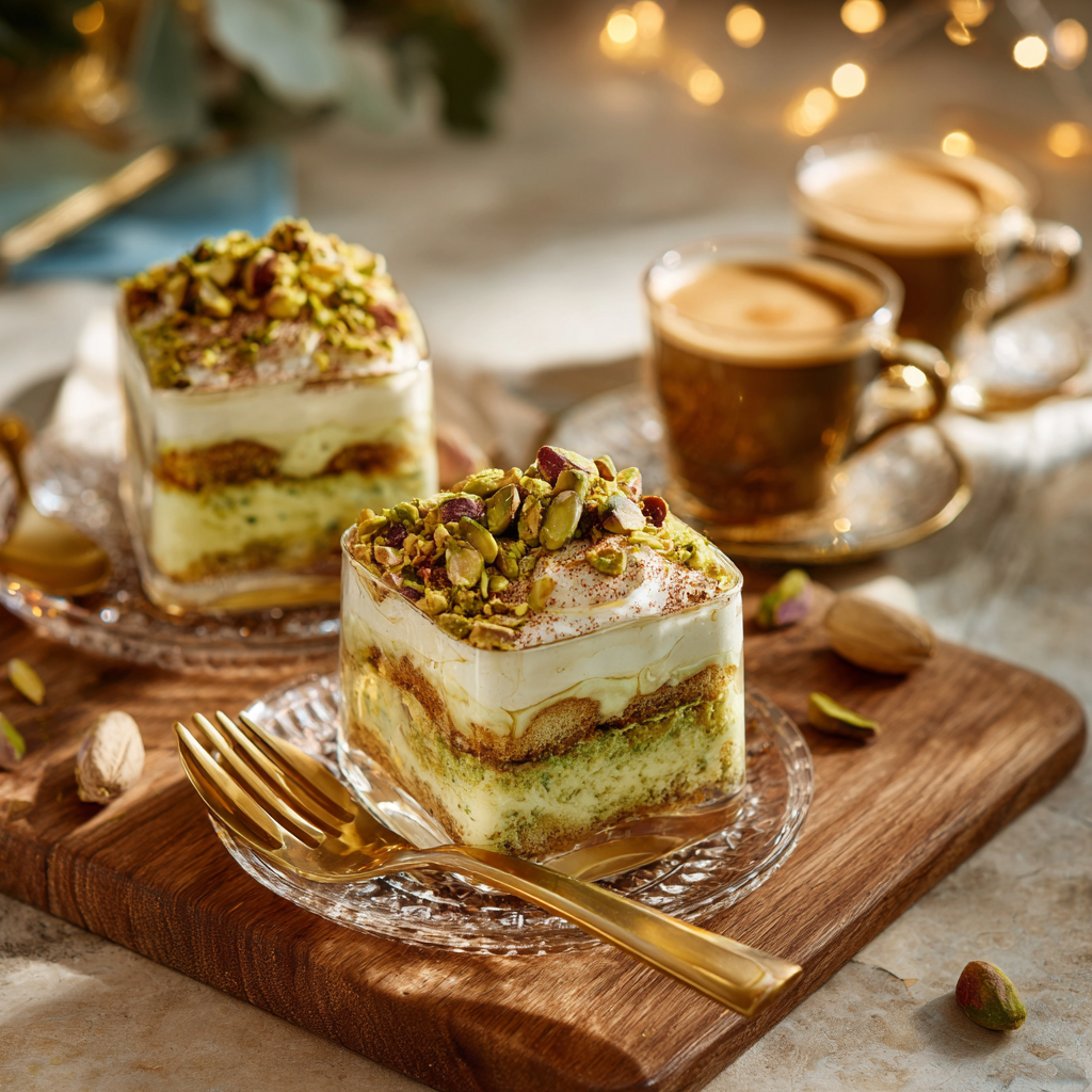 dessert table scene featuring plated portions of pistachio tiramisu with gold forks, espresso cups, and scattered pistachio nuts.