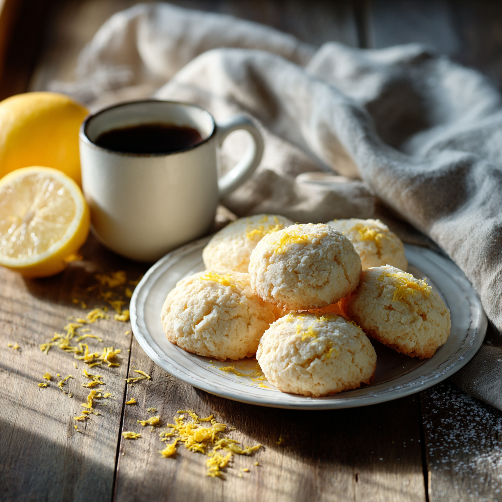 lemon ricotta cookies beside a cup of coffee and scattered lemon zest.
