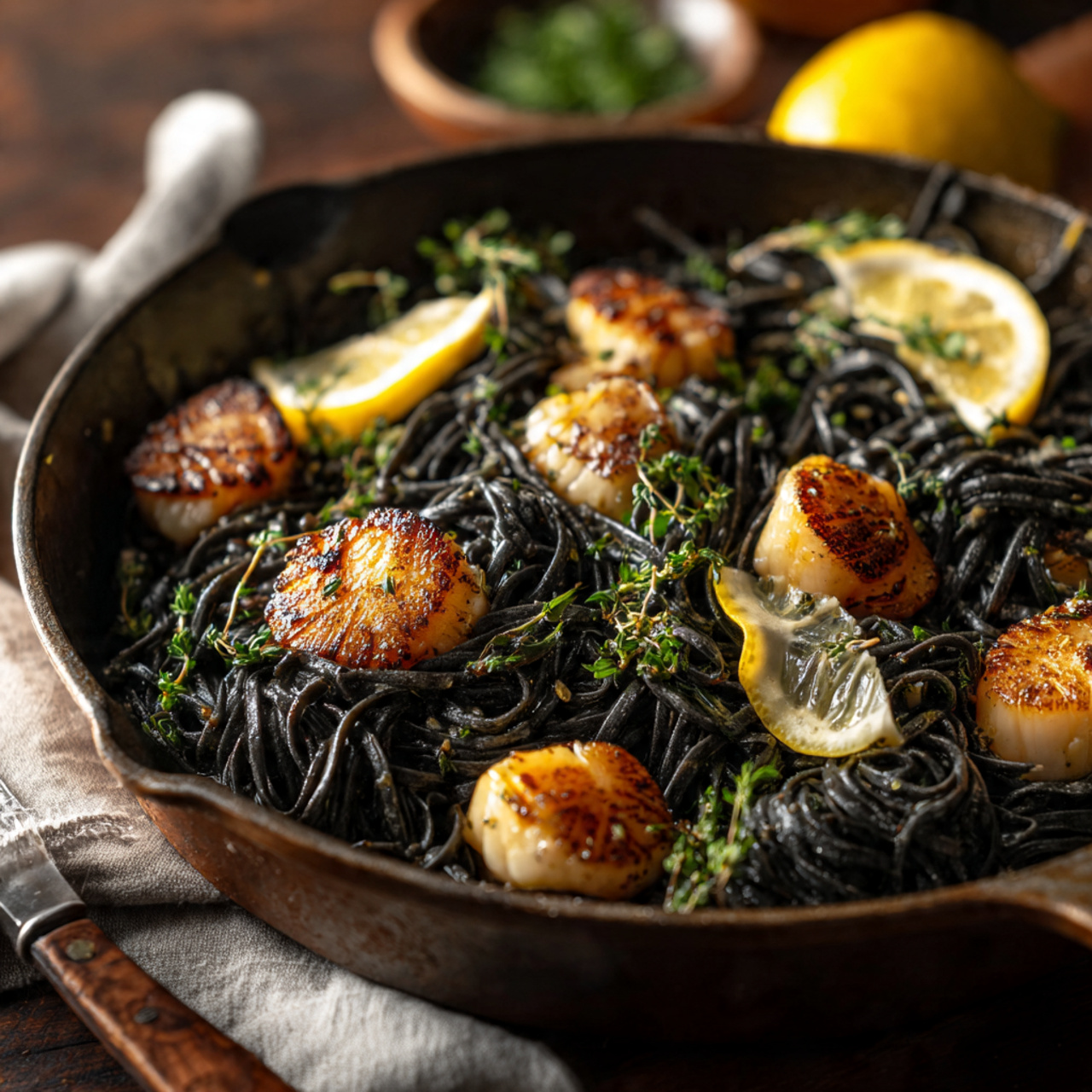 Wide skillet on a gas stove with squid ink pasta being tossed in a garlic–white wine sauce.
