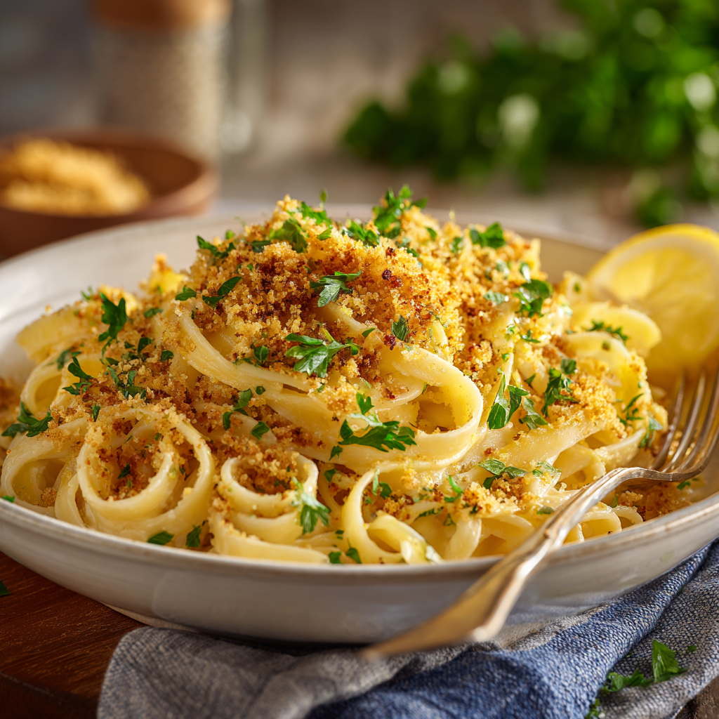 topped with golden breadcrumbs, bright parsley, and glistening sauce