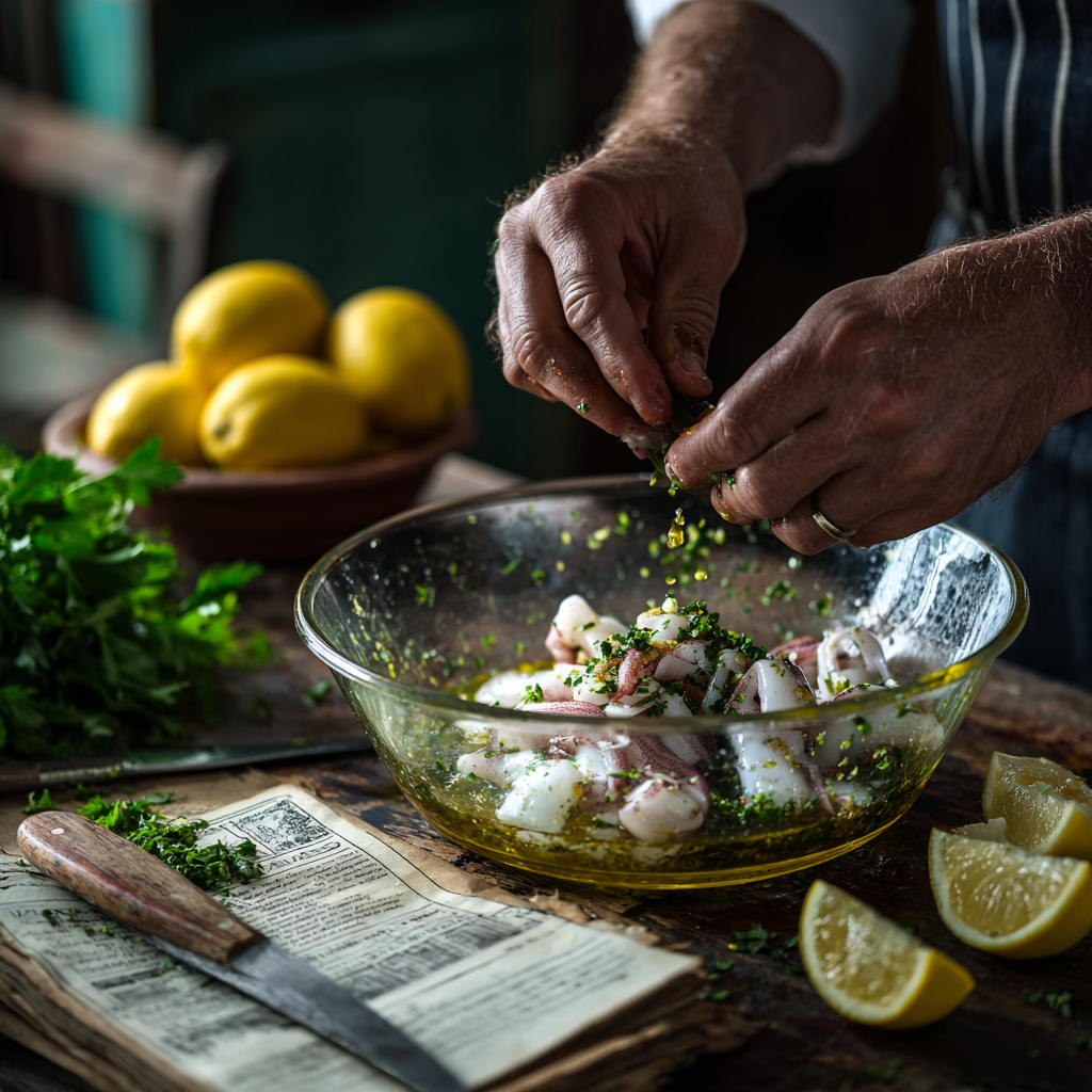 raw squid being marinated in olive oil, garlic, and herbs in a glass bowl, hands tossing ingredients