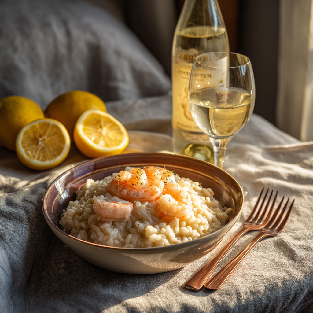 bowl of shrimp risotto, lemon wedges, a bottle of Pinot Grigio, and a fork resting on a linen napkin.