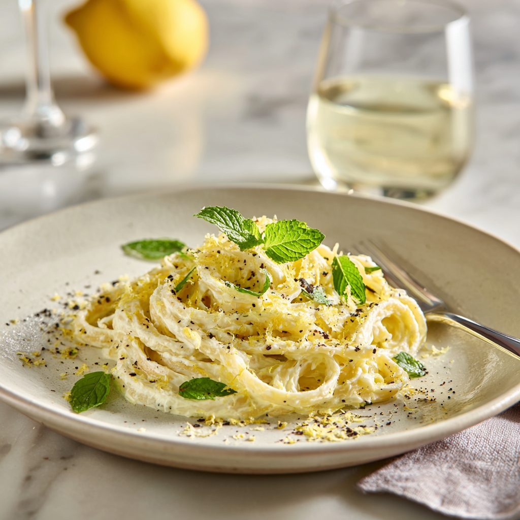 emon ricotta pasta with mint and basil garnish, fine zest sprinkled over the top, black pepper visible