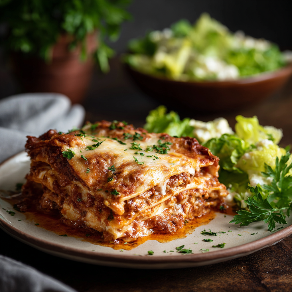 authentic gluten-free lasagna next to a small Caesar salad.