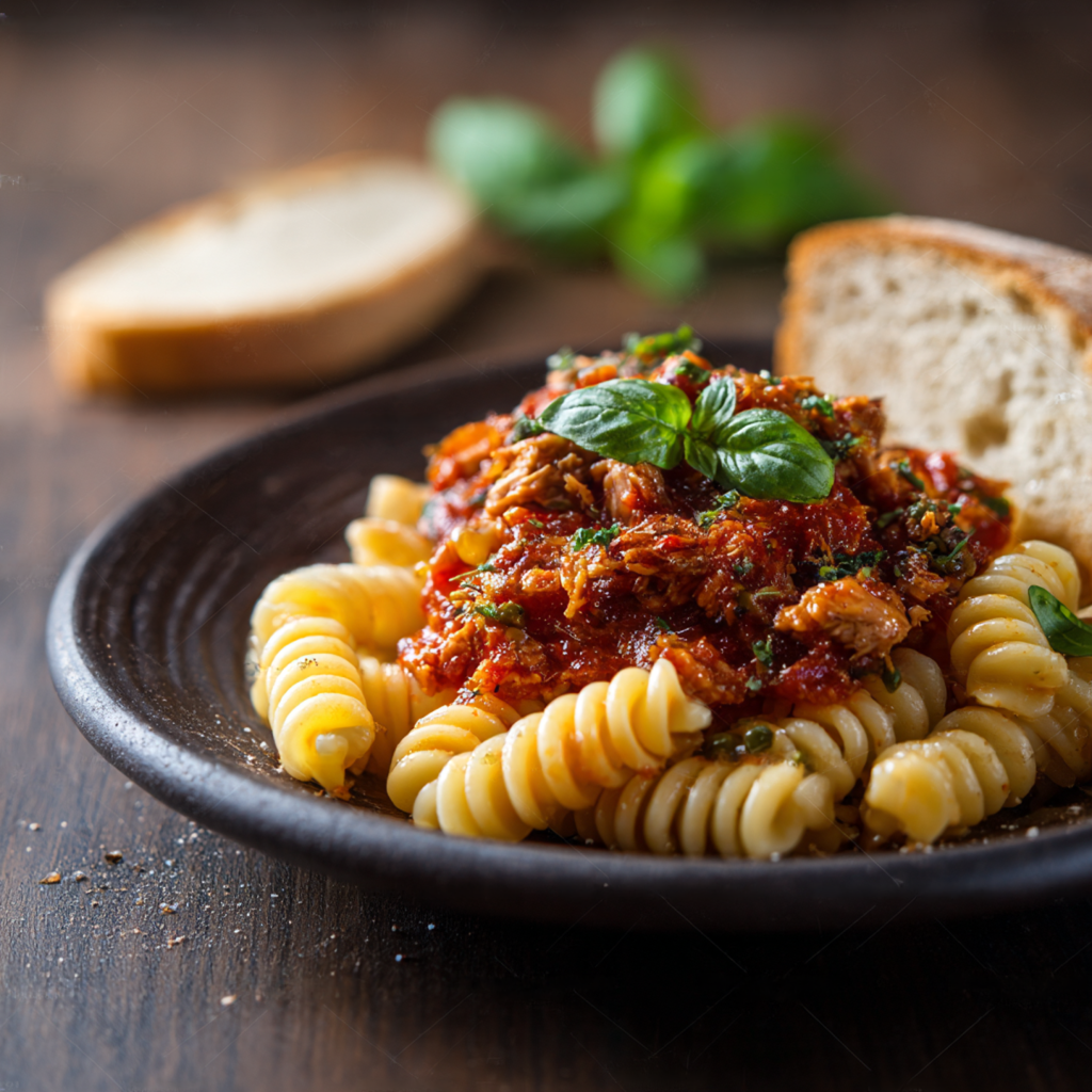 Italian pasta with tuna and tomato sauce on a ceramic plate, thick glossy sauce with tuna pieces and capers