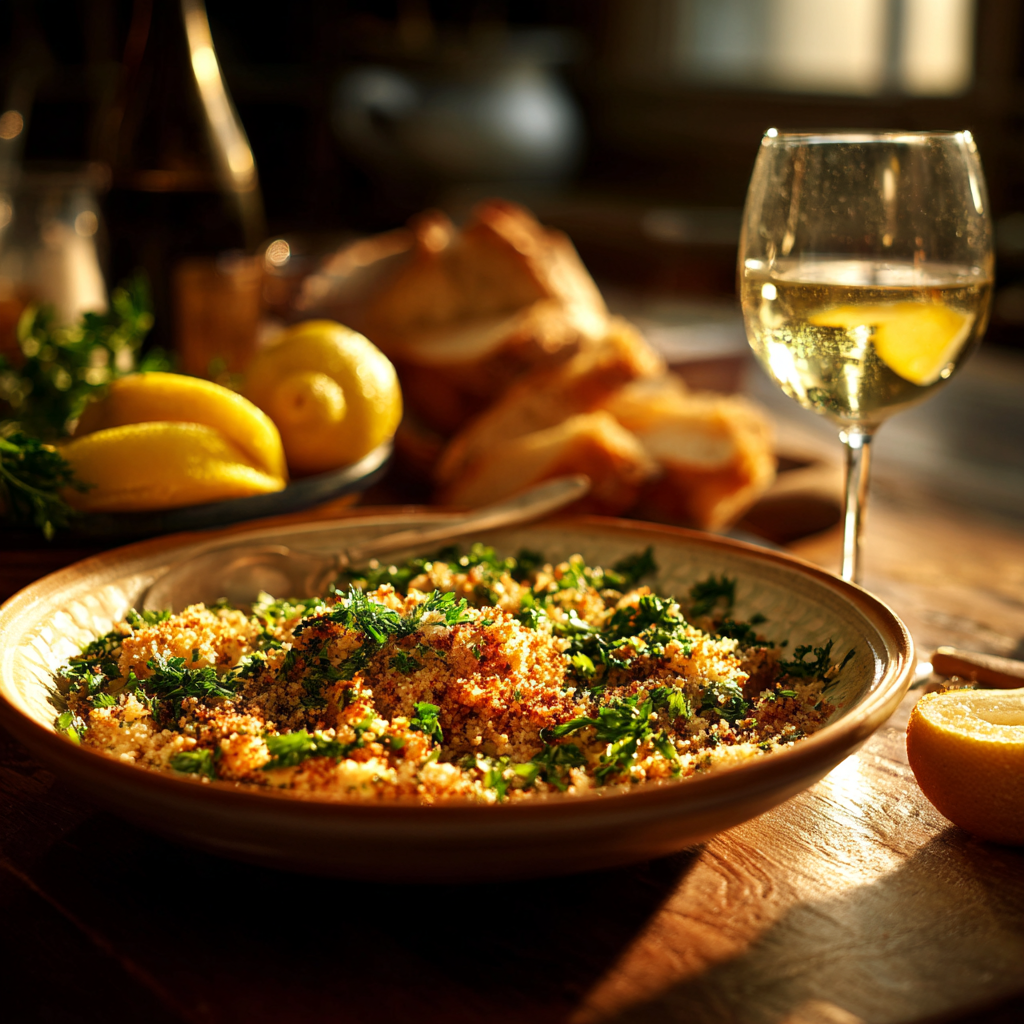Finished dish served family-style in a shallow serving bowl, topped with pangrattato, parsley, and olive oil drizzle.