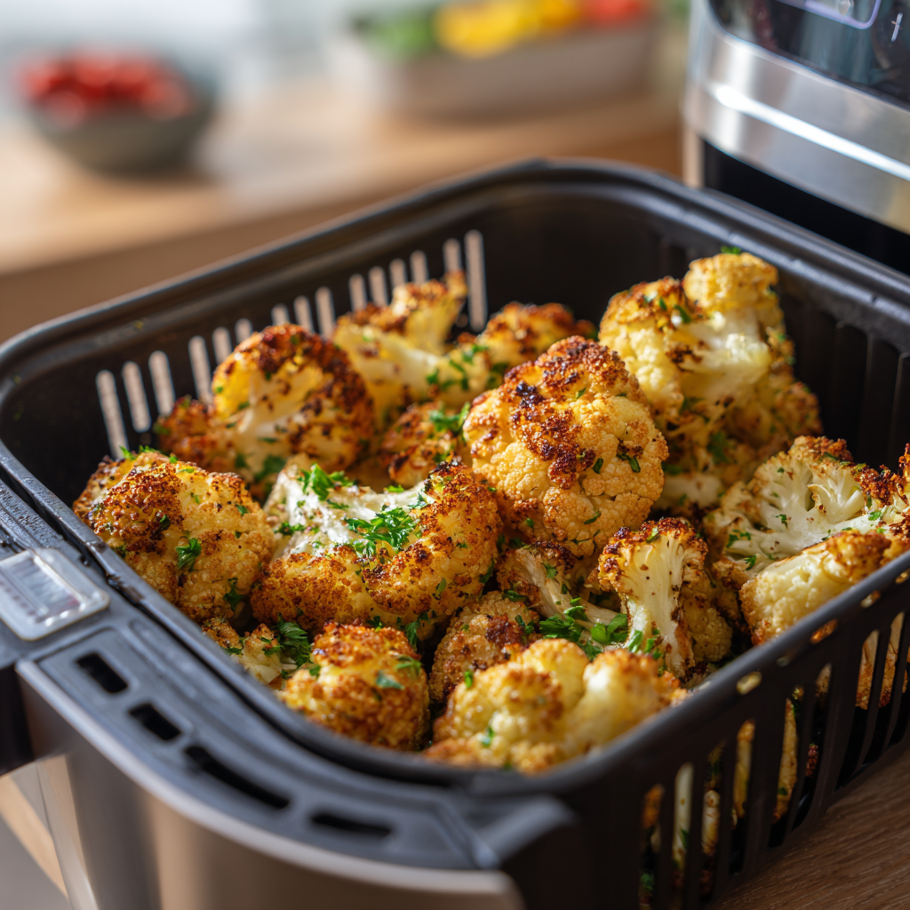 Italian roasted cauliflower inside an air fryer basket, golden and crispy florets