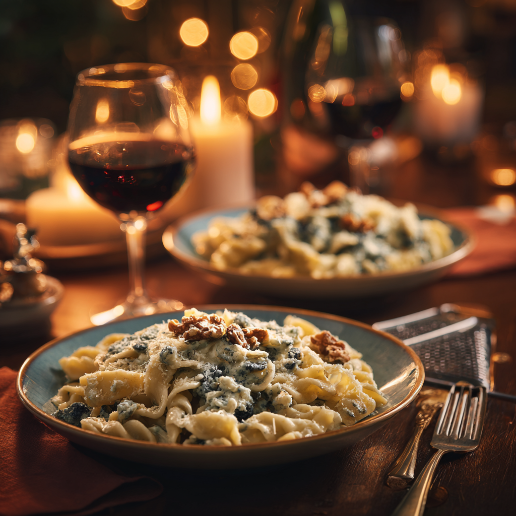 Two plates of pasta al gorgonzola e noci on a candle-lit table