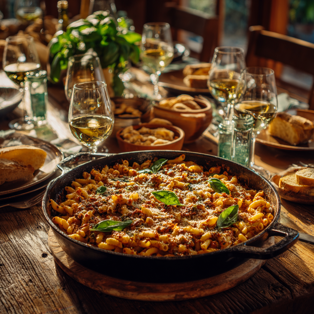 pasta alla sorrentina in a cast-iron pan at the center of a wooden table