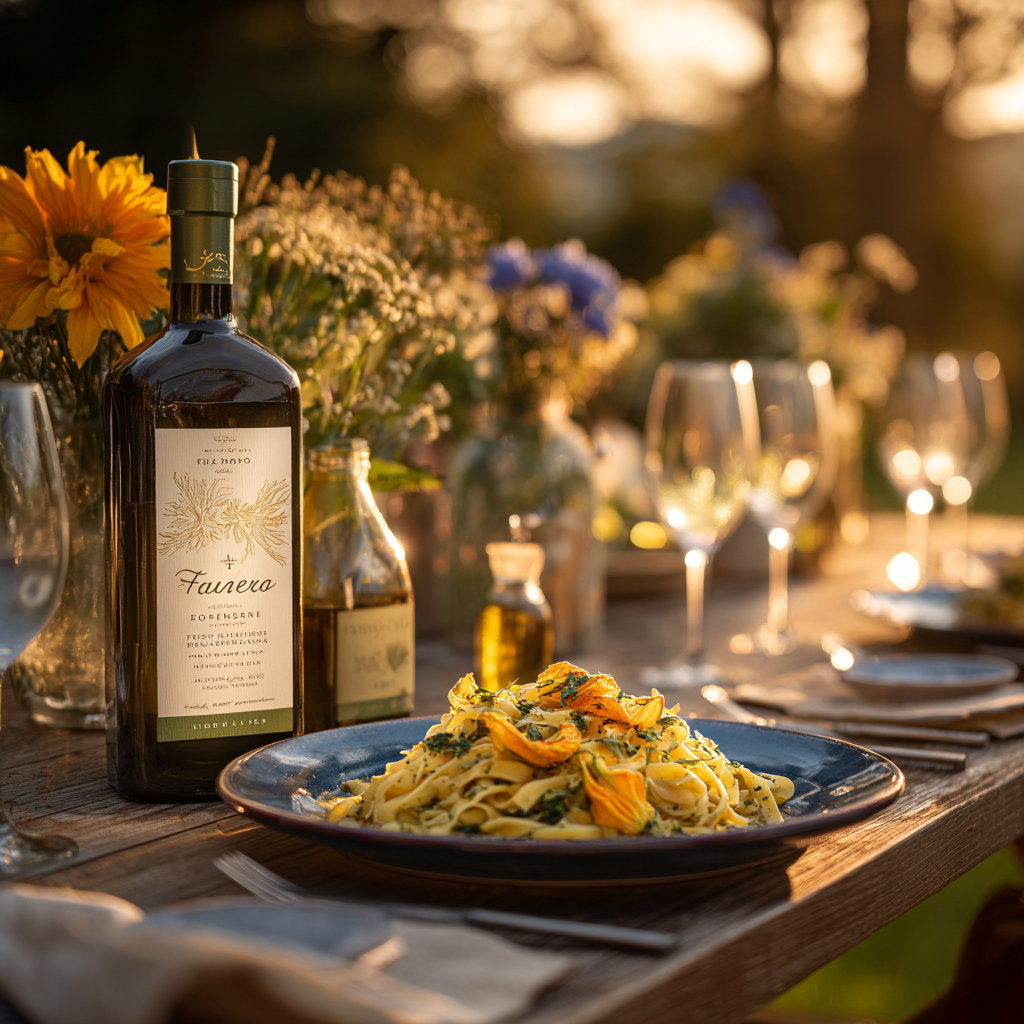 pasta con fiori di zucca on a wooden table with wine glasses, olive oil bottle