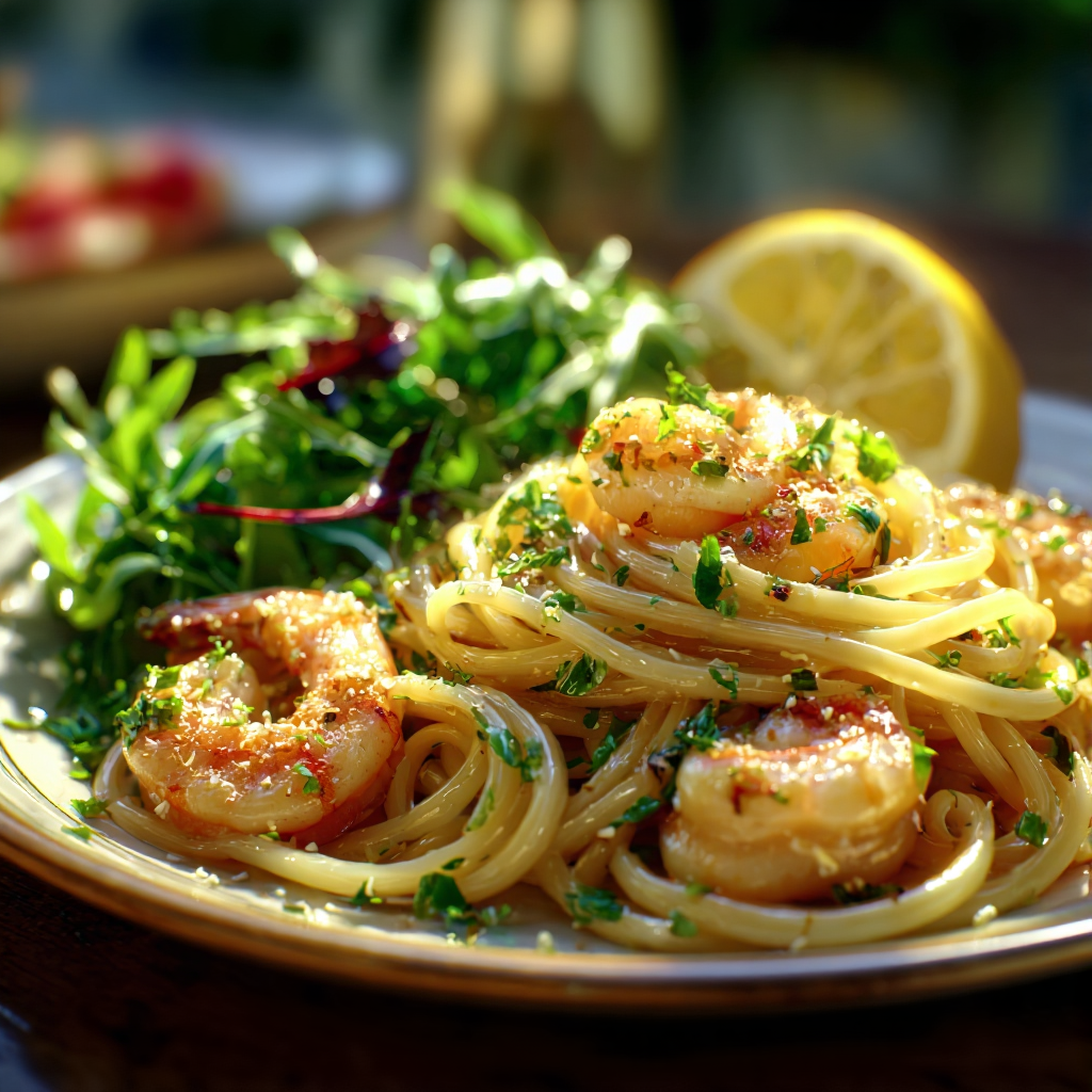 lemon butter shrimp pasta in a shallow bowl, glossy noodles